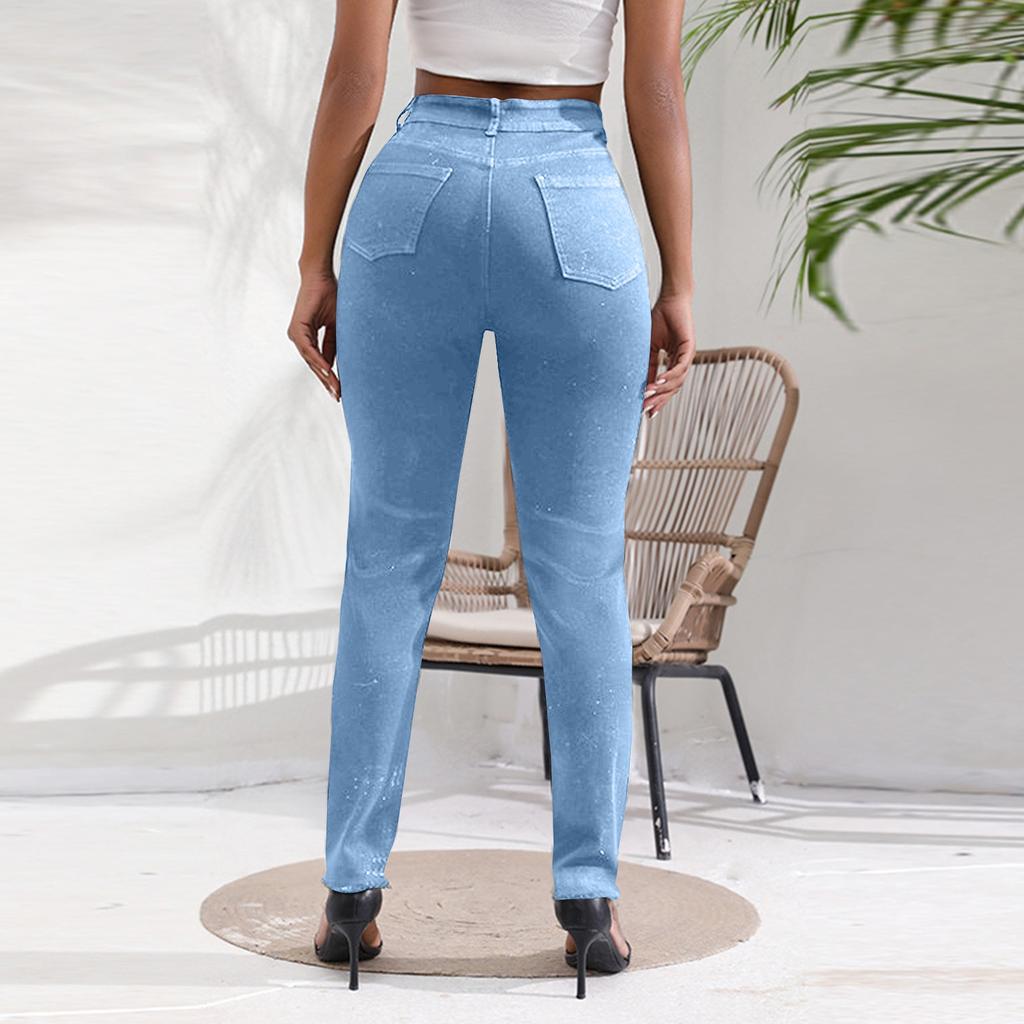 Ripped High Waist Slim Fit Washed Women's Denim Pants