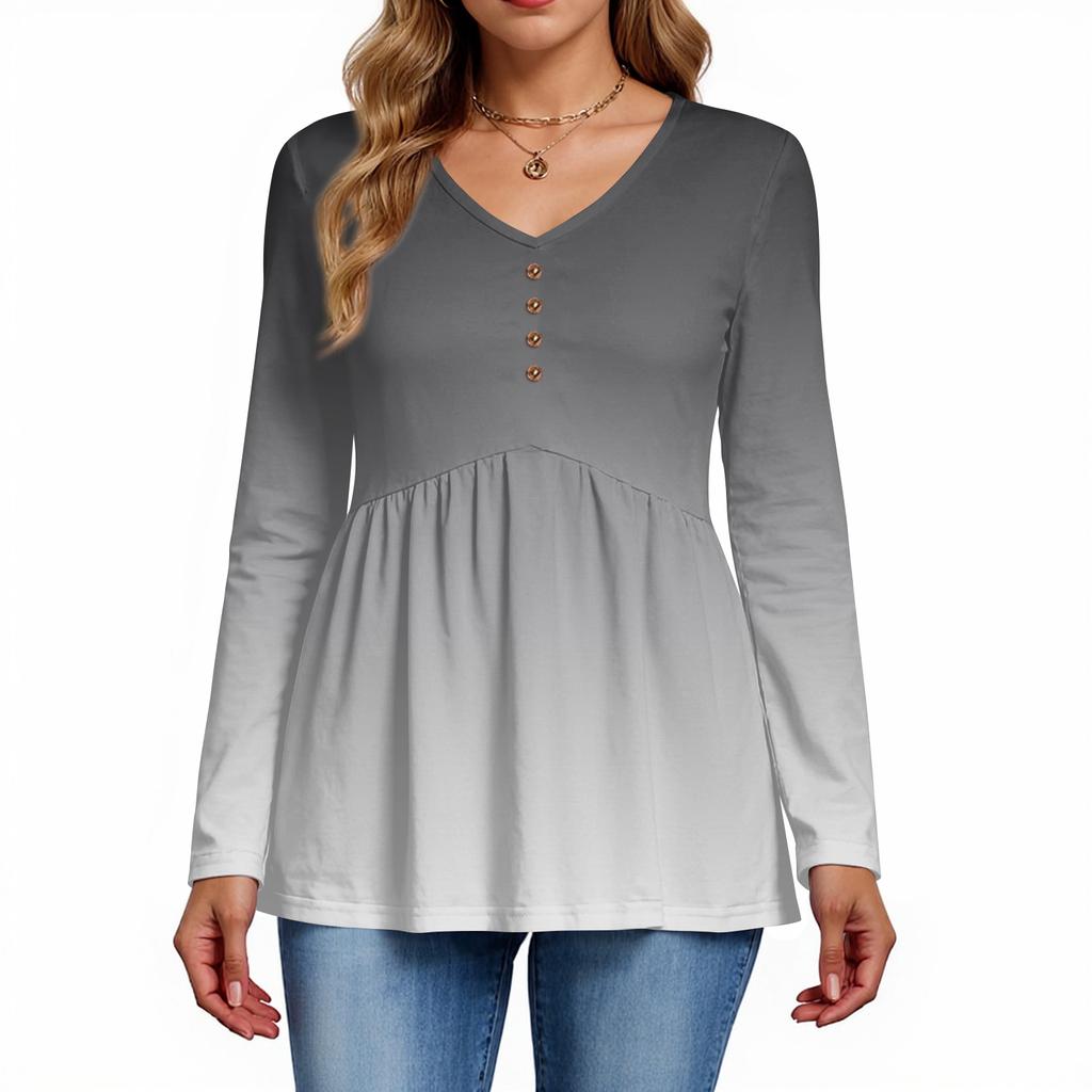 Women's Casual Fashion V-Neck Button Gradient Long Sleeve Top