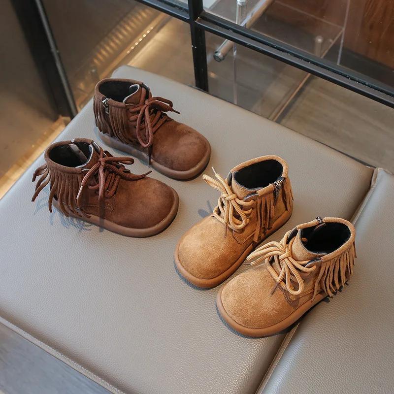 Winter Girls Tassel Boots Fashion Princess Versatile Kids Cotton Boots Children Ankle Boots Solid Color Leather Thick Bottom New