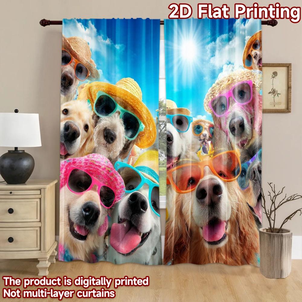 2D flat printing 2pcs Window Drapes Dog Summer Vacation Beach Party Digital Printed Polyester Drapes Holiday Decorations for New