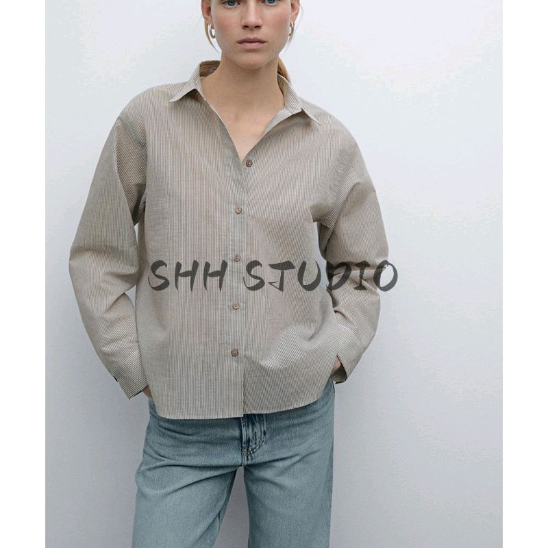 MD Spring/Summer New Arrival Women's Clothing French Style Temperament Commute Style Creamy-white Stripes Short Long Sleeves Shirt 5131831