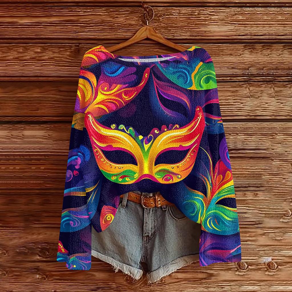 Женский повседневный модный топ с круглым вырезом, с карнавальным принтом, с длинным рукавом, вязаный пуловер