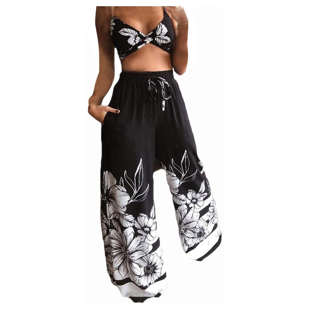 Women Casual Butterfly Printed Sleeveless Camis Tops+Long Pants 2 Piece Set