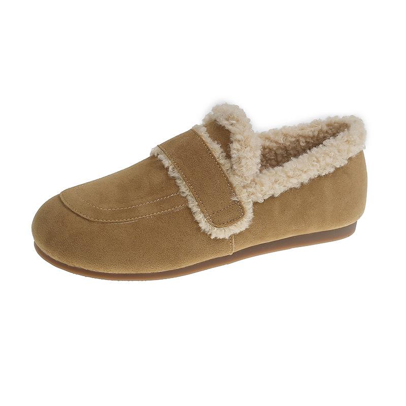 Ретро обувь Doudou женская 2025 зима новая флисовая утолщенная повседневная мягкая подошва пушистая обувь на одном педале плоские хлопковые туфли