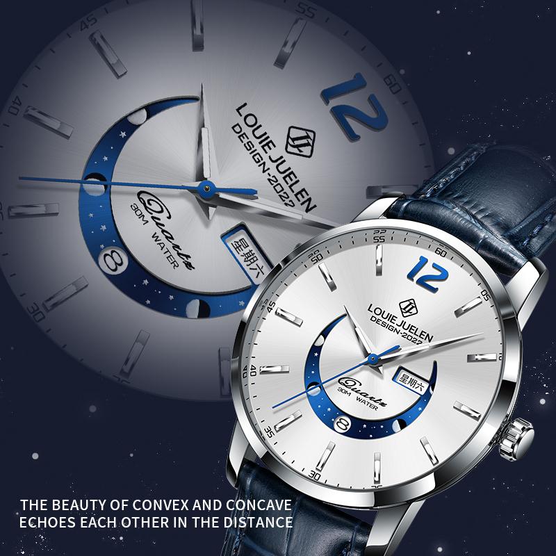 LOUIE JUELEN 9284 New Moon Phase Design Stainless Leather Band Man Fashion Watch Luminous Hands Function Simple Dial Men Watches