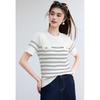 VICTORIA&VERA Women's Striped Knit Short Sleeve Top with Gold Buttons