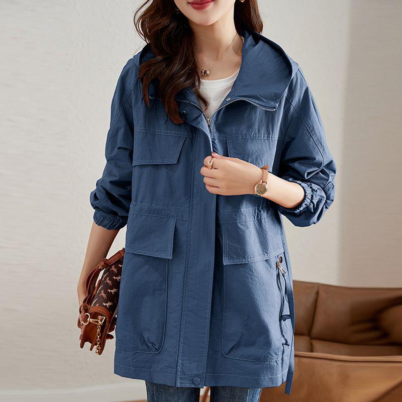 Fashion Spring Autumn Fashionable Plus Size Women's Mid Length Windbreaker Coat Hooded Casual Soft