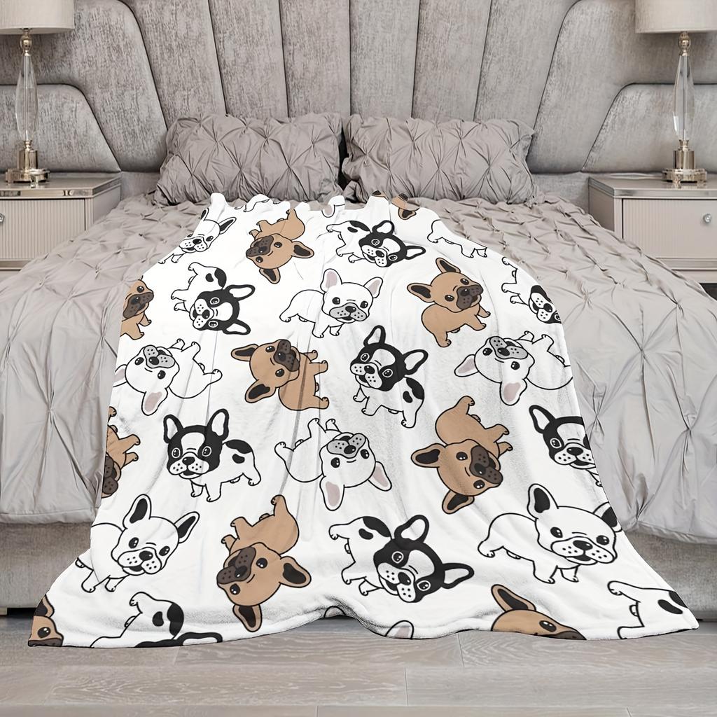 Cartoon French Bulldog Pattern Warm Blanket - Soft and Cozy Nap Blanket for Kids and Adults, Exquisite and Cute Home Essential