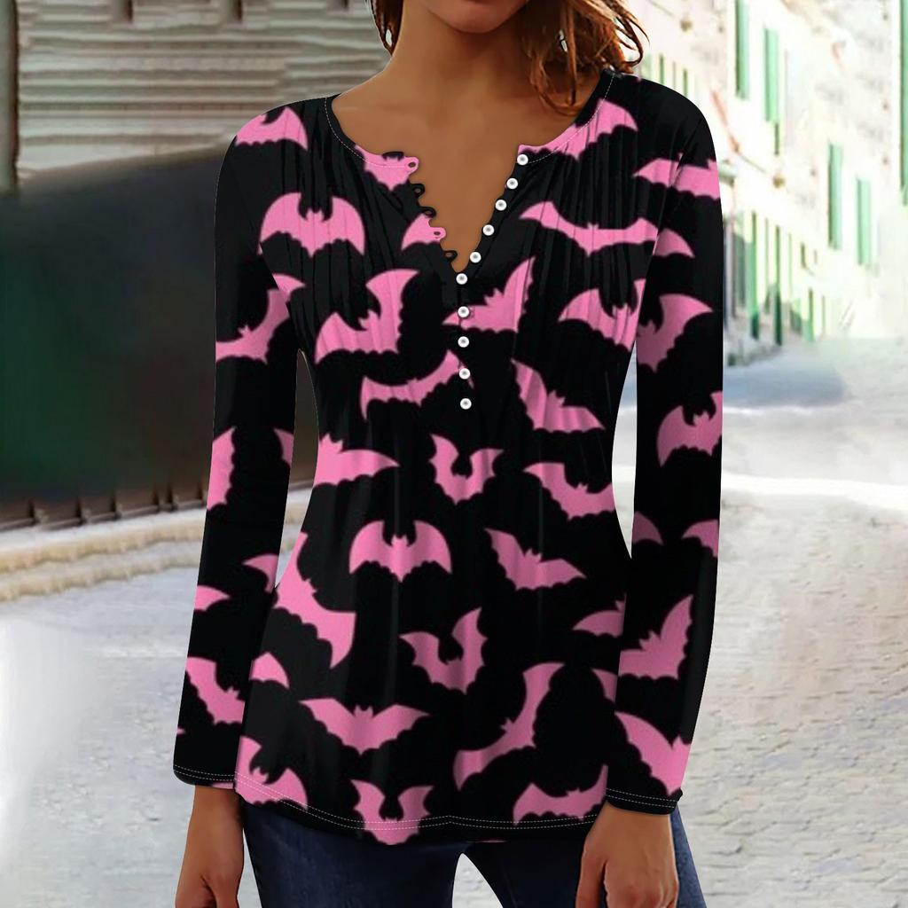 Женский топ с длинными рукавами и плиссированным воротником на пуговицах с принтом Хэллоуина, весна-осень