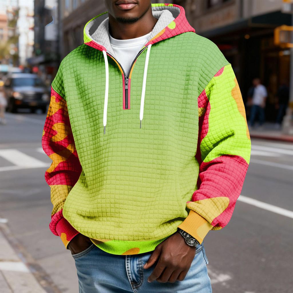 Мужской худи-пуловер в клетку с капюшоном на молнии до середины, со шнурком и принтом, повседневная спортивная толстовка