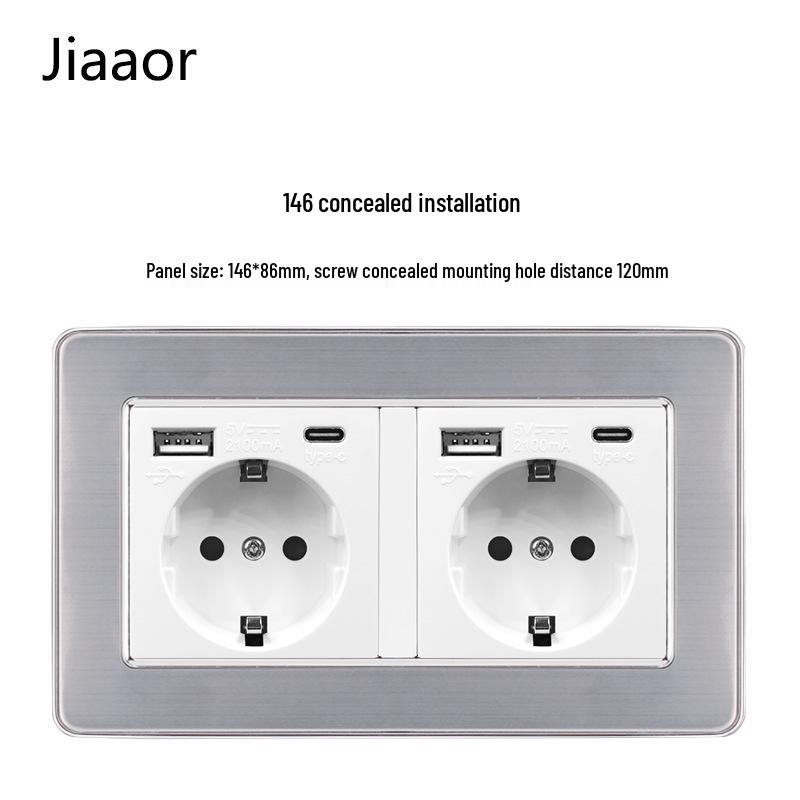 Европейский стандарт 86 тип Панель из нержавеющей стали для двойного выключателя и розетки с USB-C, Немецкий стиль, Встраиваемый настенный монтаж.