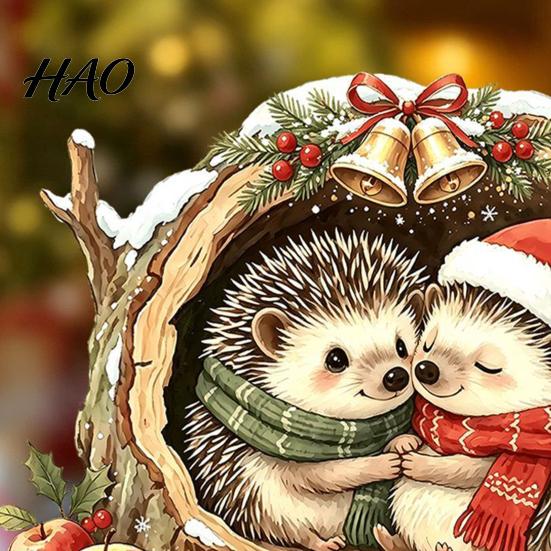 Waterproof Holiday Glass Decor Watercolor Christmas Hedgehog Static Window Cling, Cozy Tree Hole Winter Atmosphere Scenes Sticker, No?Glue