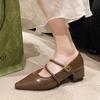 Shallow Mouth Pointed Head Low Thick Heel Single Shoes Women's New Word with Mary Jane Commuting Soft Leather Small Leather Shoes Women