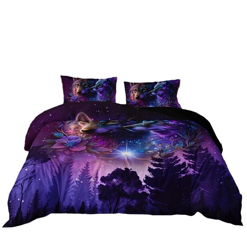 Wolf Starry Sky Forest Printed Duvet Set Bedding Set For Bedroom Three-piece Set