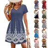 Женское модное платье с принтом, V-образным вырезом, короткими рукавами, свободного кроя, повседневное, для пляжного отдыха