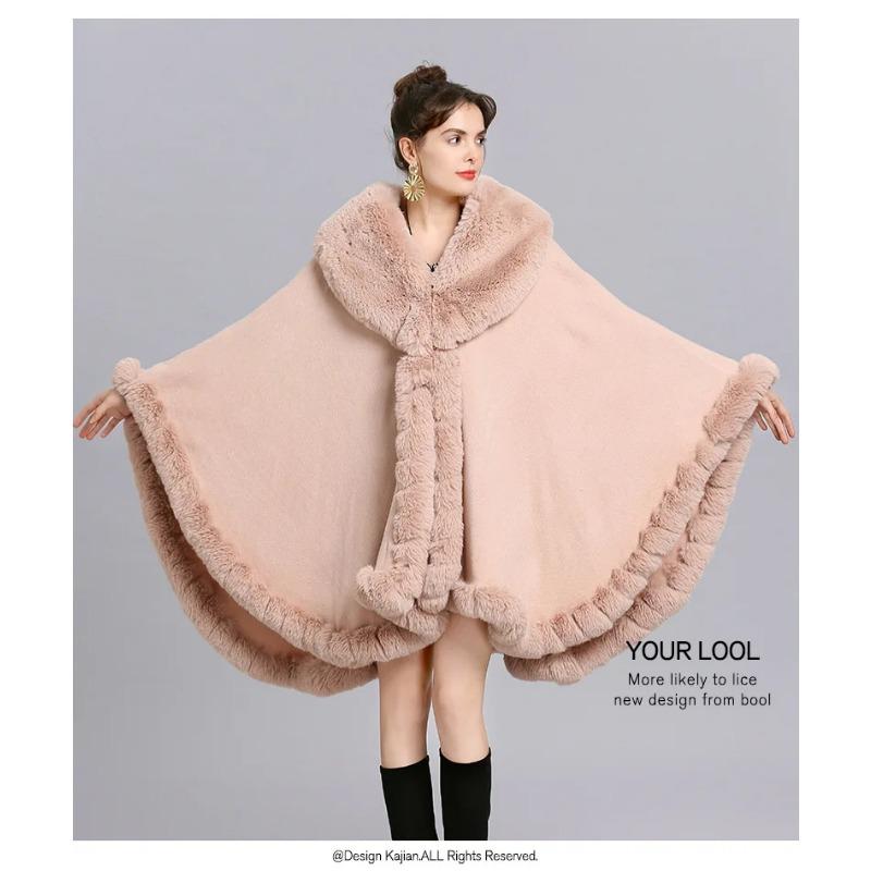 Oversize Winter Big Faux Fox Fur Neck Plus Size Poncho Out Streetwear Women Cloak Pashmina Batwing Sleeves Shawl Coat