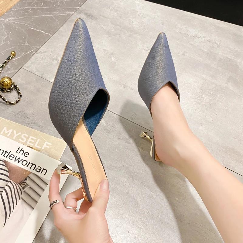 Мода Роскошь Женские Пляжные Туфли Тренды Женские Туфли-лодочки на Высоком Каблуке с Острым Носком Женские Дизайнерские Каблуки Мюли Шлепанцы