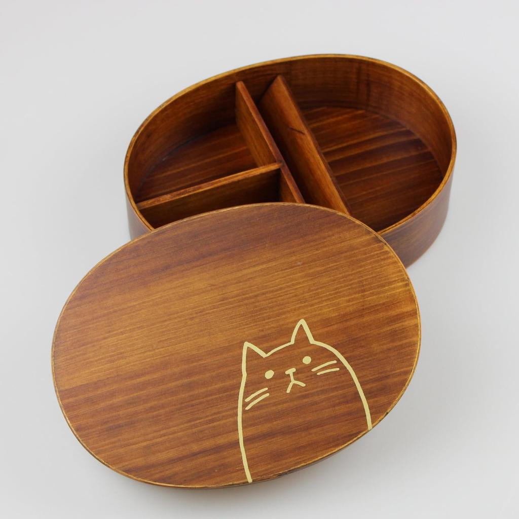 Fujishiro Kogei Magewappa Овальная коробка для бенто Cat с японской отделкой (900мл (лаковый) Кошка)