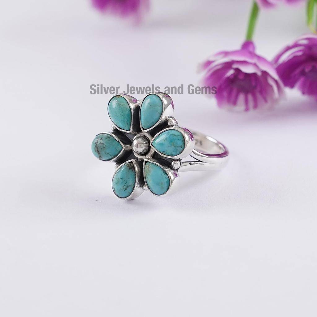 Natural Arizona Turquoise Cluster Ring, Teardrop Turquoise Dainty Ring, 925 Sterling Silver Ring, Engagement Ring, Multi Stone Ring