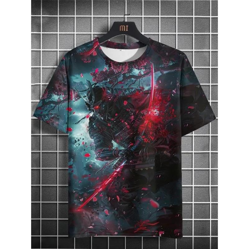 Футболка 3D Воин Самурай Принт Футболка Мужская Мода Круглый Вырез Короткий Рукав Графическая Футболка