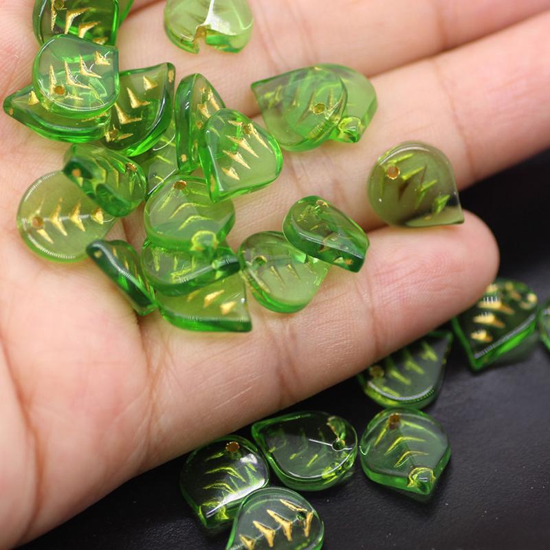 High Quality Materials DIY Ornament Green Hair Accessories Handmade Beads Creative Pendants Glass Leaves 50Pcs Tracing Golden Earring Jewelry Making