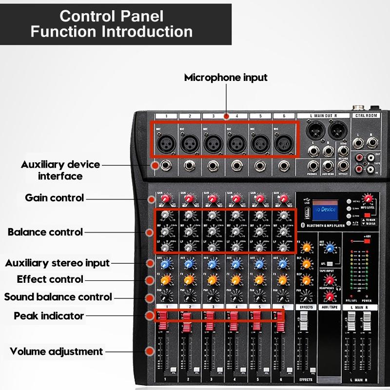 USB 6 Channel Live Studio Audio Mixer Bluetooth Console Amplifier DJ Karaoke Mixing Digital Mini Microphone Sound Mixer