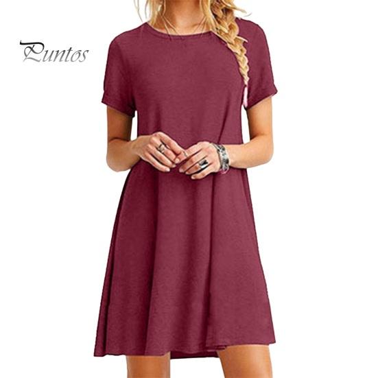 Летнее мини-платье с короткими рукавами, А-силуэтом, круглым вырезом, однотонное, длиной выше колена, простое короткое платье для свиданий, пляжное вечернее платье