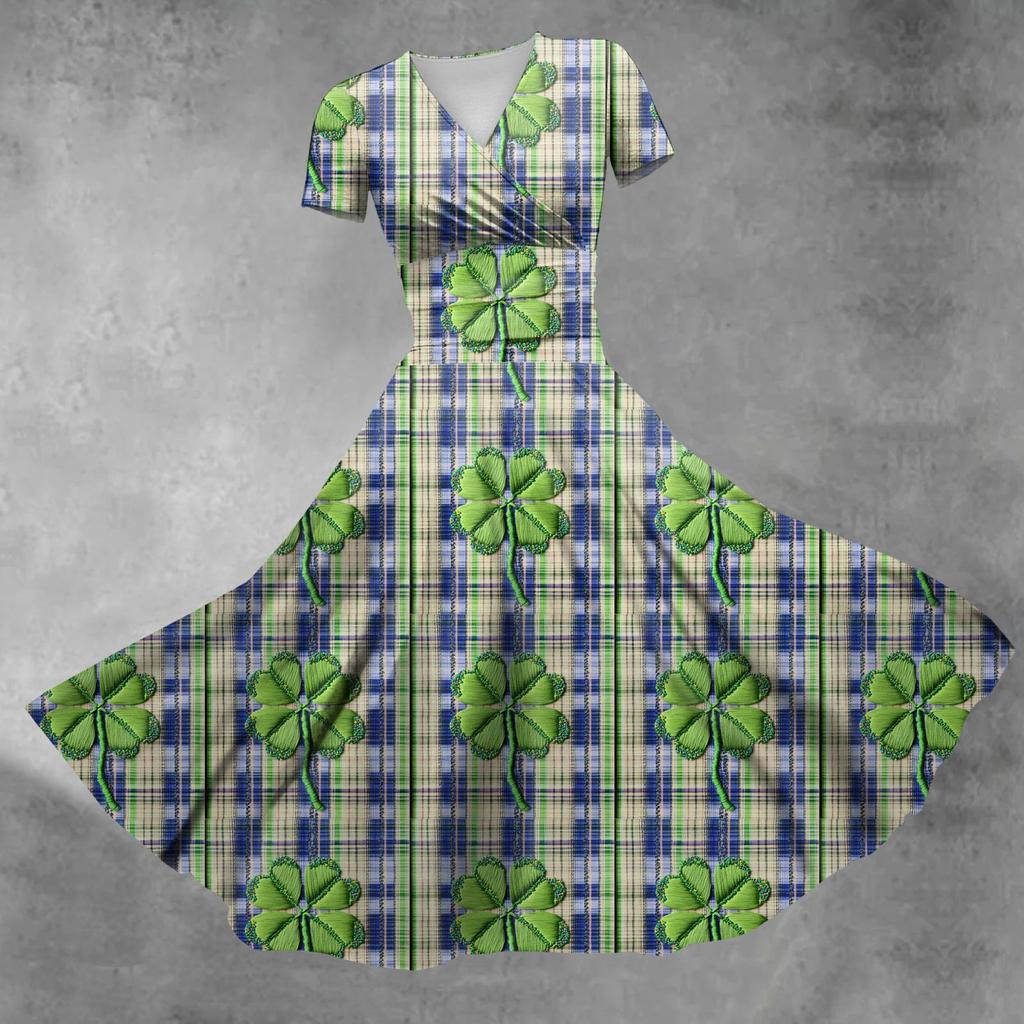 Women's V-neck St. Patrick's Day Printed Waisted Shirred Short Sleeve Dress
