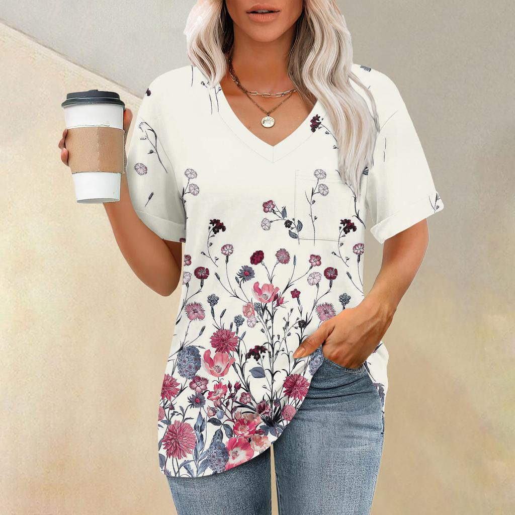 Футболка с коротким рукавом и V-образным вырезом с принтом растений