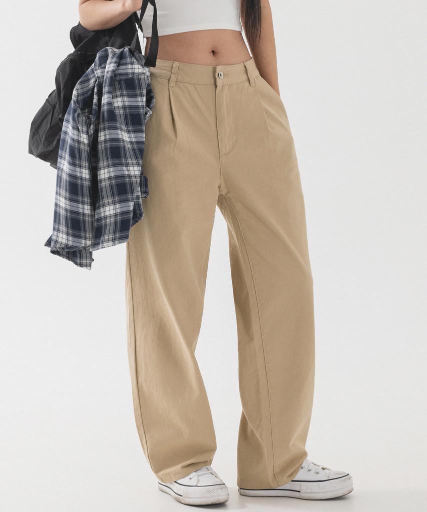 PIANER Semi-Wide Single-Pleat Cotton Pants (Beige)