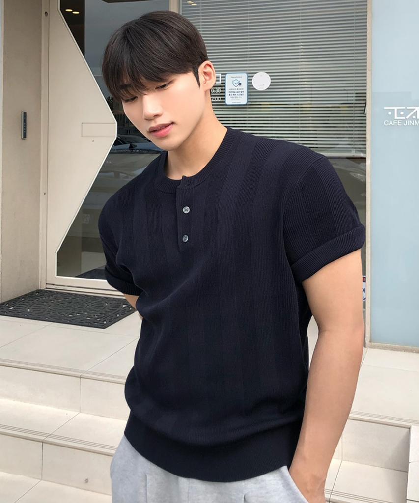 MINDBRIDGE [On] Texture Modification Henley Neck Short Sleeve Knit - 3 Colors