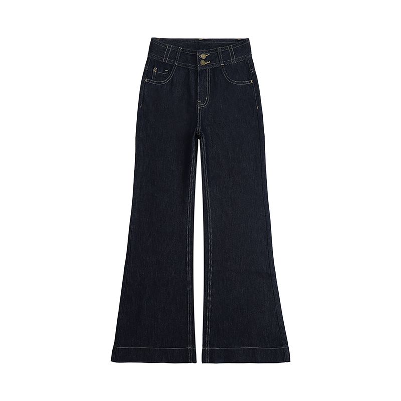 Shiyiyue American-Style Denim Blue Double-Button Loose Jeans for Women, Autumn Drape Narrow-Leg Casual Floor-Length Flared Pants