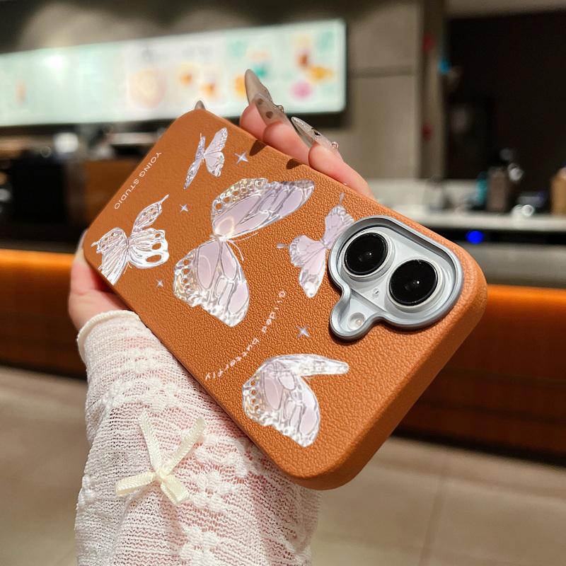 Тонкий мягкий чехол с рисунком бабочки и текстурой кожи для iPhone 16 Pro Max 15 14 Pro 13 12 11, матовая защита линз, противоударный чехол для телефона из ТПУ
