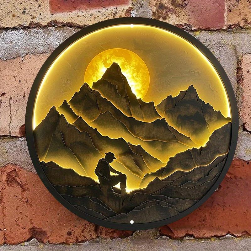 Round Wooden Wall Sign, Mountaineer In the Sun, Scratch Resistant, Outdoor and Indoor Decor, Decorative Wall Poster