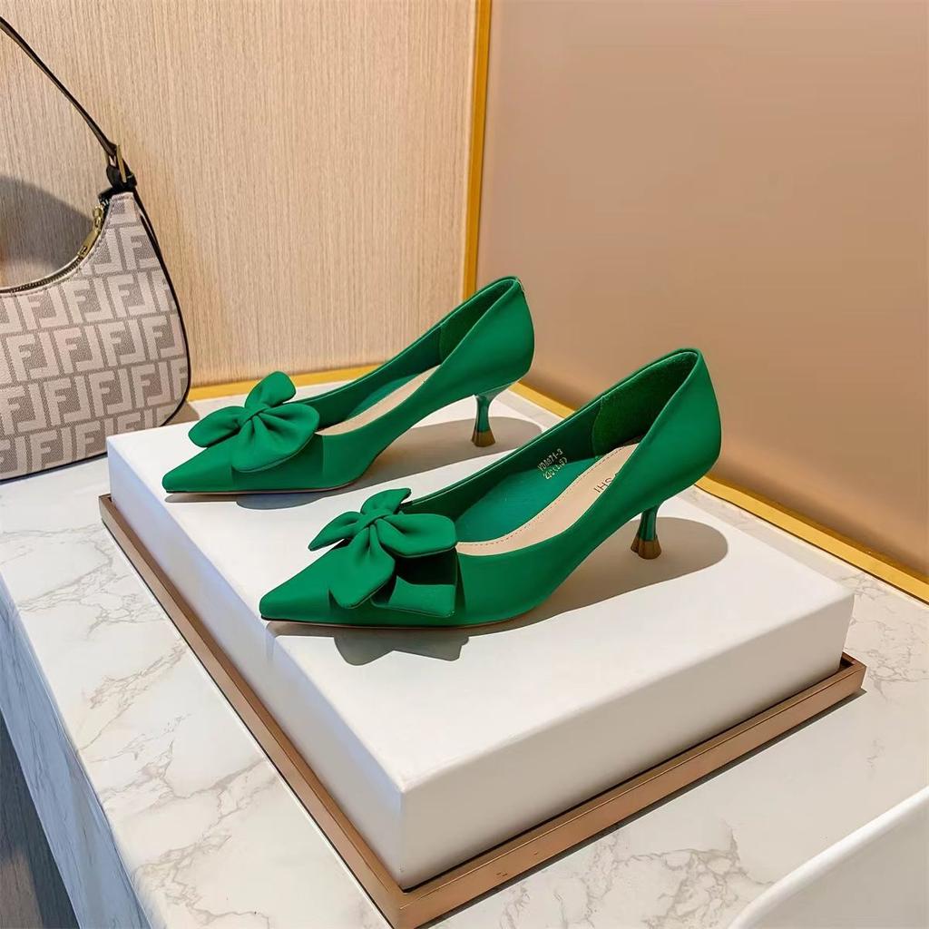 Shoes for Women 2024 Stilito Ladies Summer Footwear Green Pointed Toe with Bow Medium Heels Evening Slip On Popular High Quality