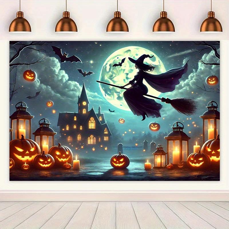 2D flat background depicting a flying witch and a Halloween moonlight scene made of bright polyester.zyc