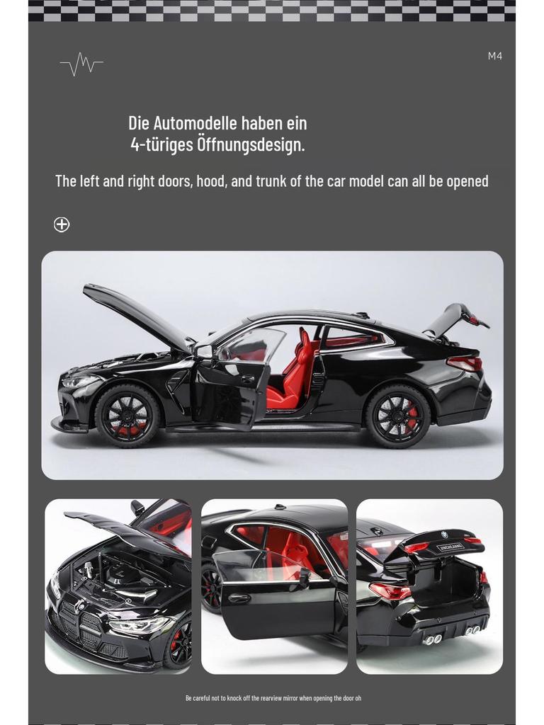 1:24 BMW M4 Diecast Car Model with Shock Absorption, Pull-Back, Steering, Sound, and Light Features.