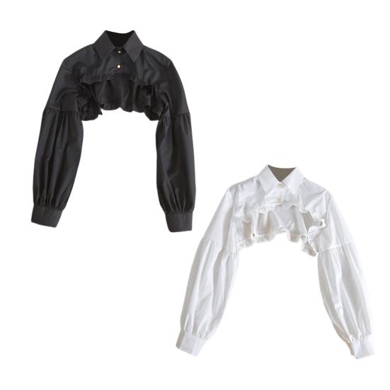 Women Fake Collar Lapel Lantern Long Sleeve Single Breasted Ruffle Stitching Hem False Collar Solid Color Sweater Decorative Collar