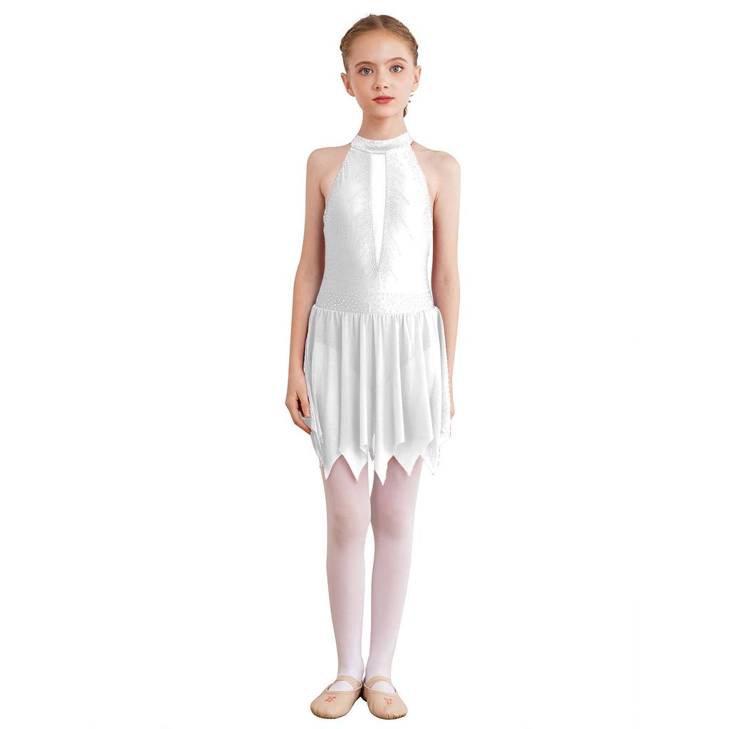 Платье для фигурного катания для девочек с блестящими стразами, с открытой спиной, асимметричной юбкой из сетки, леотард