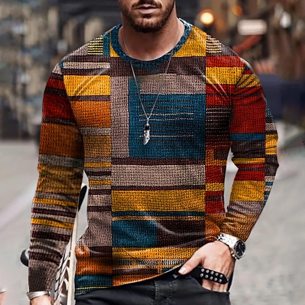 Цветная блокировка, трехмерный принт, мужская осенне-зимняя свободная повседневная рубашка с круглым вырезом и длинными рукавами, оверсайз, одежда в стиле ретро