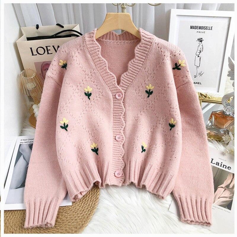 Винтажный вязаный кардиган с цветочной вышивкой, женский свитер с v-образным вырезом, осенне-зимний укороченный кардиган, женский однотонный трикотаж Y2K 23195