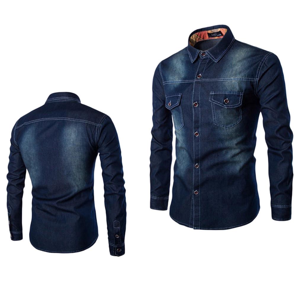 Men's  Casual Fashion Slim Fit Denim Cotton Long Sleeve Shirt Top Blouse