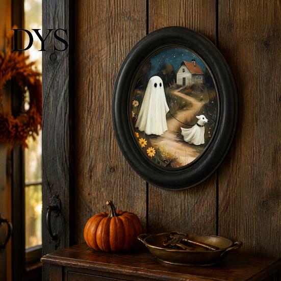 Oval Wood Picture Frame Halloween Gothic Wooden Hanging Plaque, Vintage Black Cat Ghost Wall Sweet Cool Sign Sign, Retro Waterproof Decorative Art for
