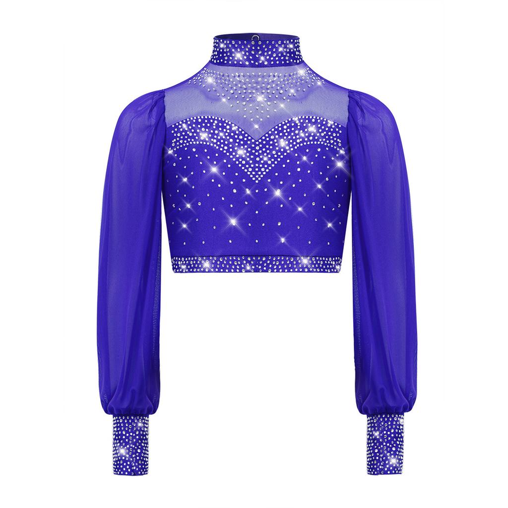 Девочки Сетчатый Танцевальный Топ с Длинным Рукавом, Воротником-стойкой, Вырезом на Спине и Стразами, Укороченный для Лирического Балета