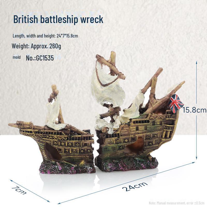 Декорация для аквариума в виде смоляного пиратского кораблекрушения с реалистичной детализацией