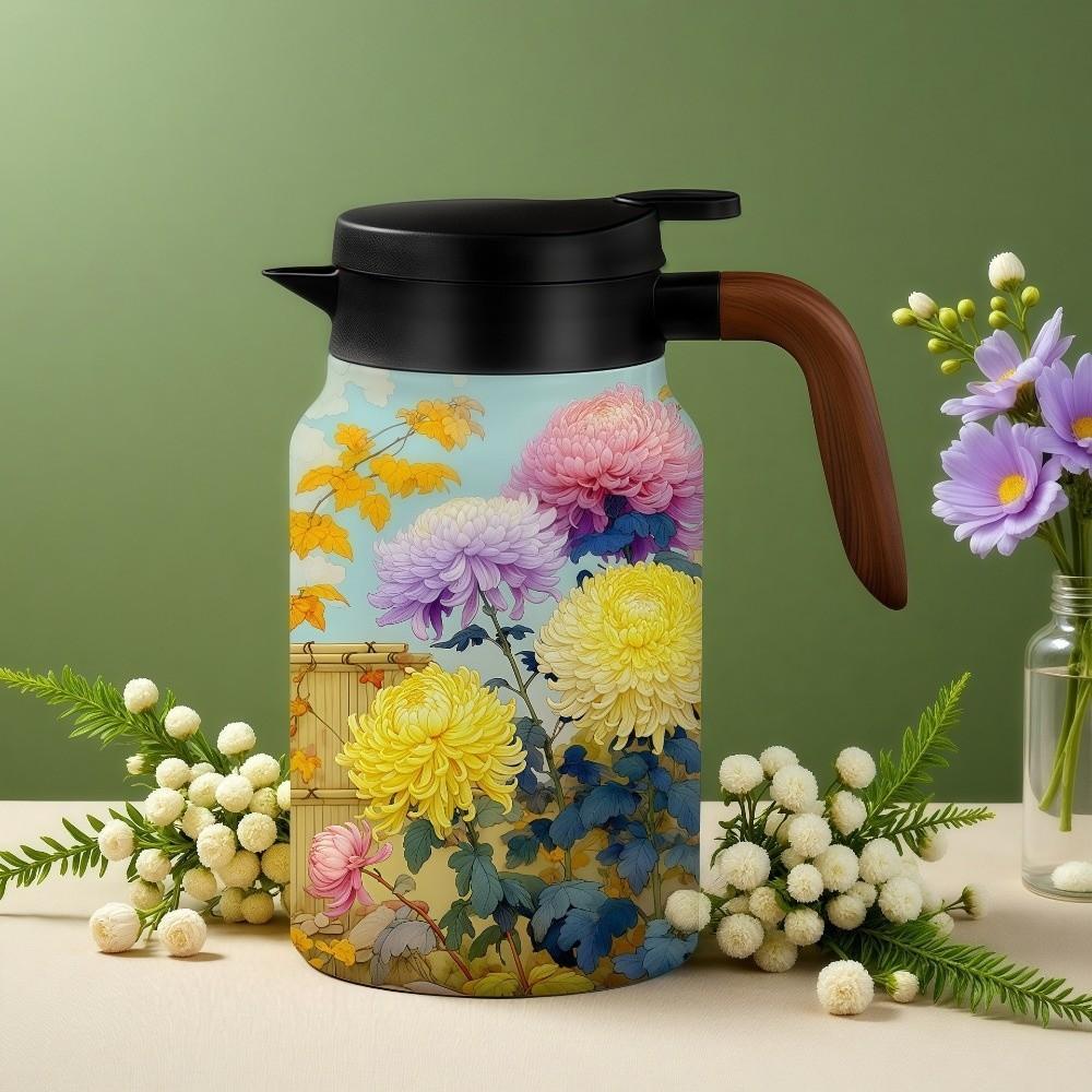 Chinese Style Retro Flower Insulated Kettle Hot Water Stainless Steel Vacuum Flask Vintage Floral Printing Water Cup for Outdoor