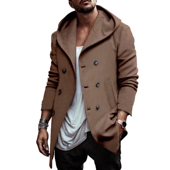 Men Windbreaker Coat Hooded Long Sleeve Solid Color Double-Breasted Jacket with Pockets Autumn Winter Outerwear