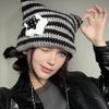 Winter Knitted Hat Cat Ear Design Plush Ball Decor Striped Print Windproof Warm Women Hat Cold Weather Headwear