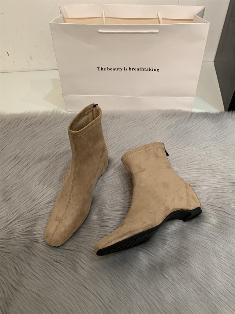 French commuter temperament soft leather square head thin elastic thin boots autumn and winter short boots women's thick heel medium heel Martin boots