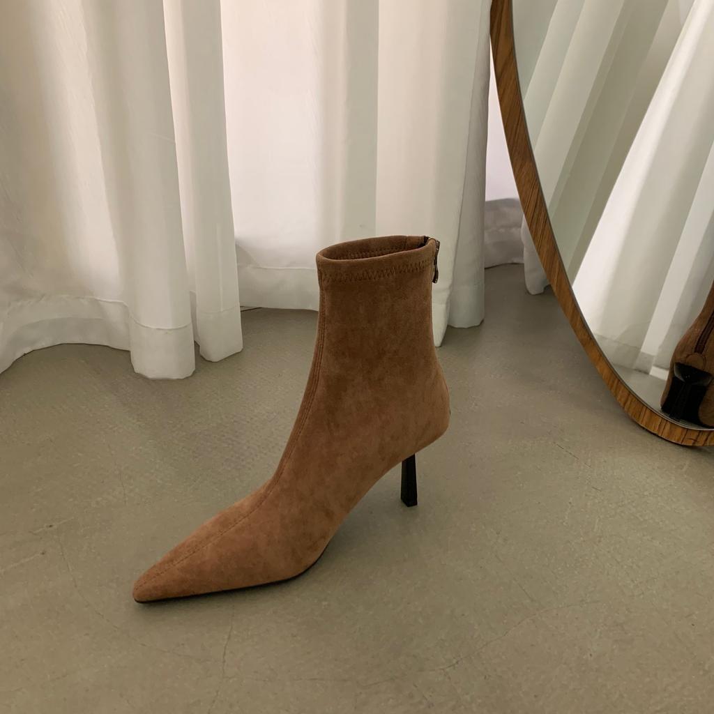 High-heeled Pointed-toed Temperament Suede Thin Short Boots Women's Shoes 2025 New Autumn and Winter Velvet Korean Small Ankle Boots